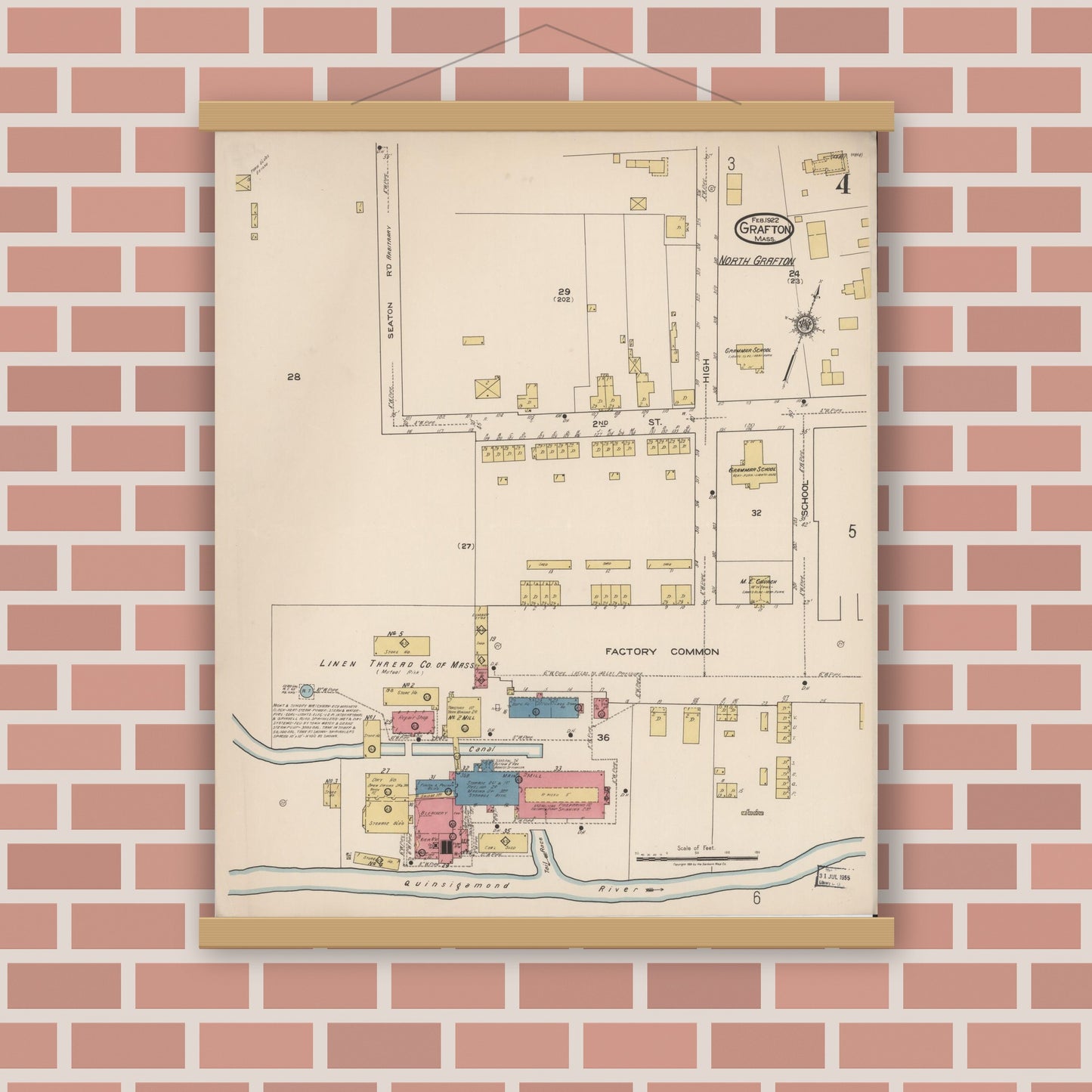 Old map wall art mockup — magnetic wood frame on brick wall — Sanborn Fire Insurance Map from Grafton, Worcester County, Massachusetts (1922), Sheet #0004