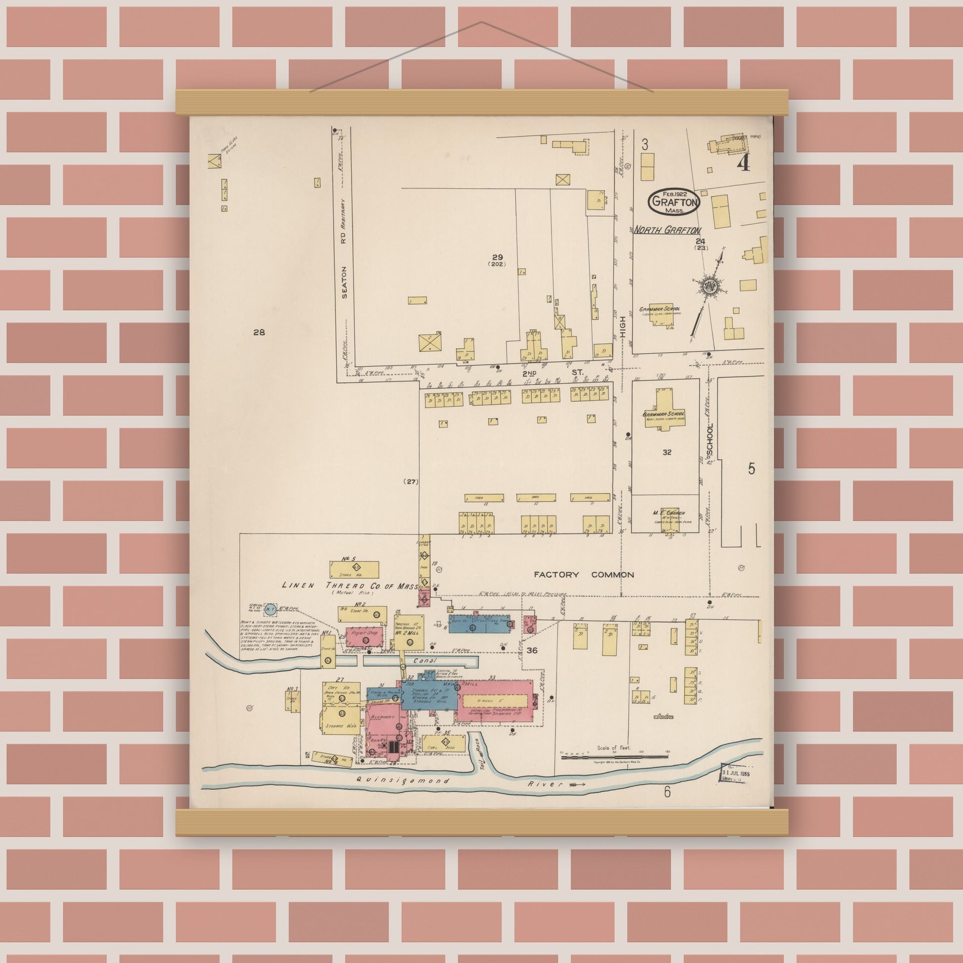 Old map wall art mockup — magnetic wood frame on brick wall — Sanborn Fire Insurance Map from Grafton, Worcester County, Massachusetts (1922), Sheet #0004