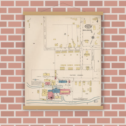 Old map wall art mockup — magnetic wood frame on brick wall — Sanborn Fire Insurance Map from Grafton, Worcester County, Massachusetts (1922), Sheet #0004
