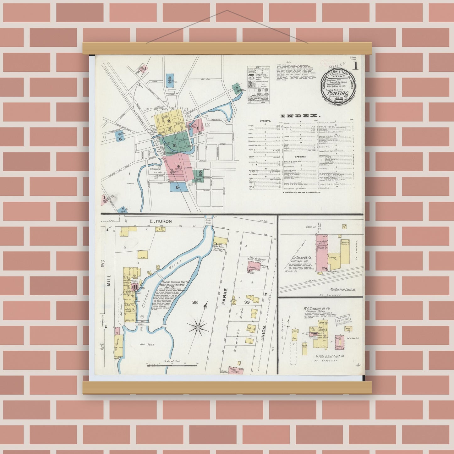 Old map wall art mockup — magnetic wood frame on brick wall — Sanborn Fire Insurance Map from Pontiac, Oakland County, Michigan (1892) - Complete Map Set