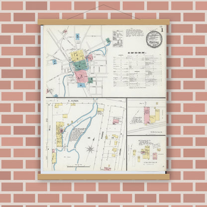 Old map wall art mockup — magnetic wood frame on brick wall — Sanborn Fire Insurance Map from Pontiac, Oakland County, Michigan (1892) - Complete Map Set