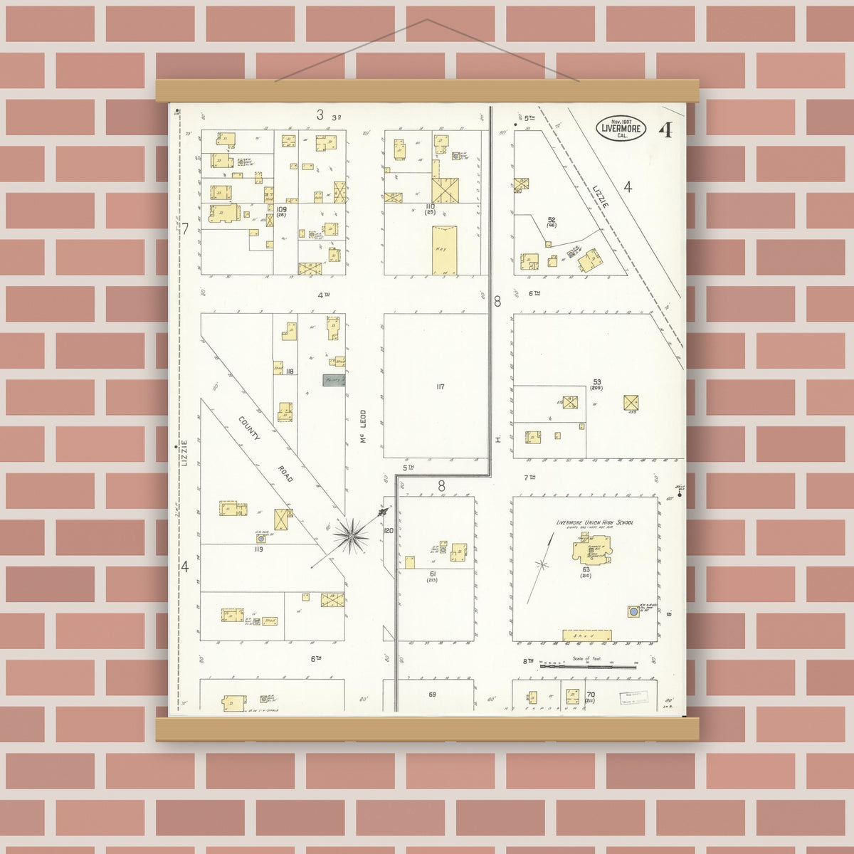 Old map wall art mockup — magnetic wood frame on brick wall — Sanborn Fire Insurance Map from Livermore, Alameda County, California (1907), Sheet #0004