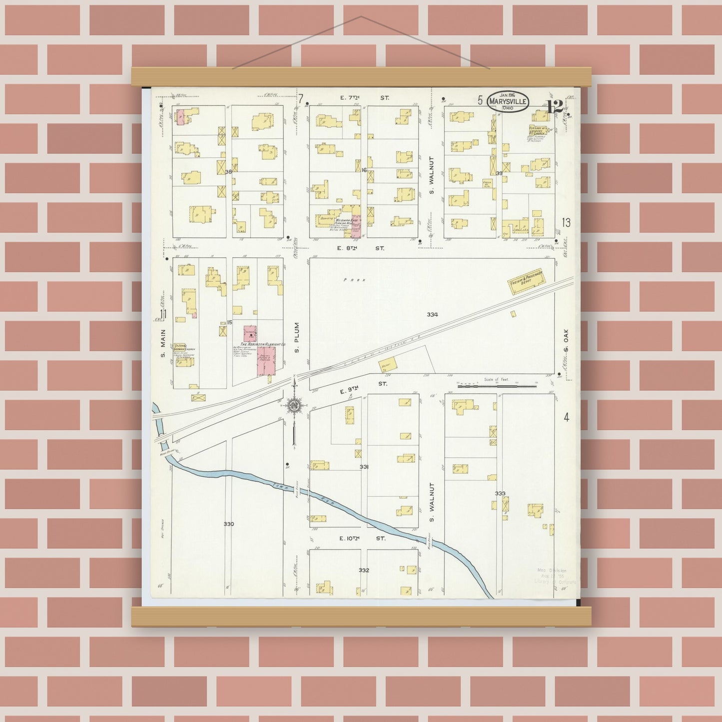 Old map wall art mockup — magnetic wood frame on brick wall — Sanborn Fire Insurance Map from Marysville, Union County, Ohio (1916), Sheet #0012