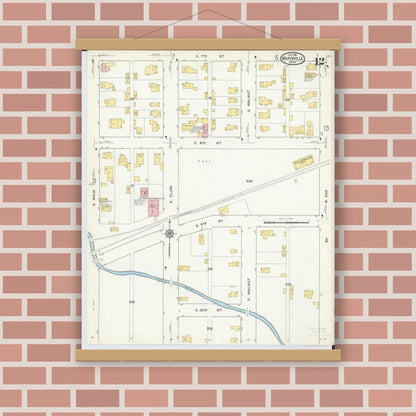 Old map wall art mockup — magnetic wood frame on brick wall — Sanborn Fire Insurance Map from Marysville, Union County, Ohio (1916), Sheet #0012