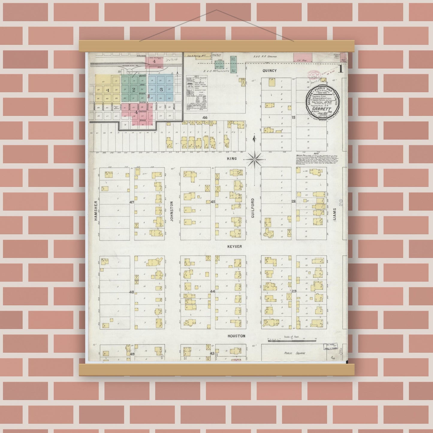 Old map wall art mockup — magnetic wood frame on brick wall — Sanborn Fire Insurance Map from Garrett, De Kalb County, Indiana (1895) - Complete Map Set