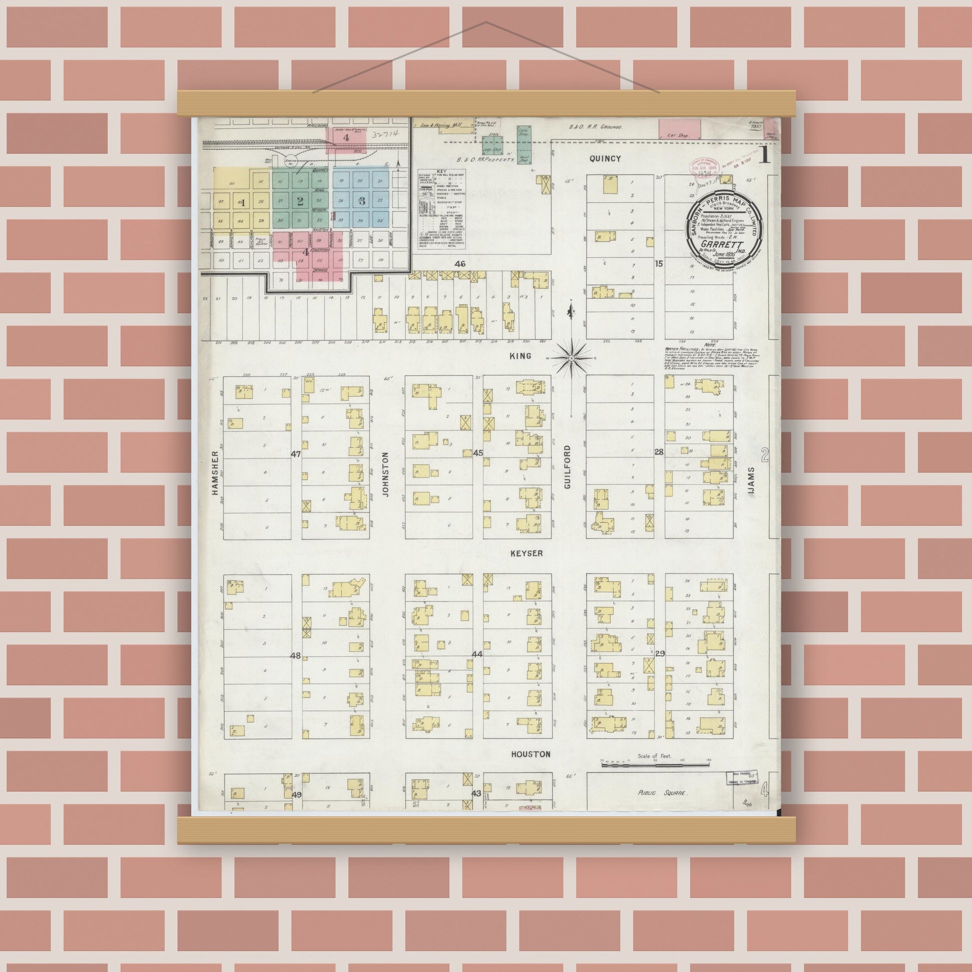 Old map wall art mockup — magnetic wood frame on brick wall — Sanborn Fire Insurance Map from Garrett, De Kalb County, Indiana (1895) - Complete Map Set