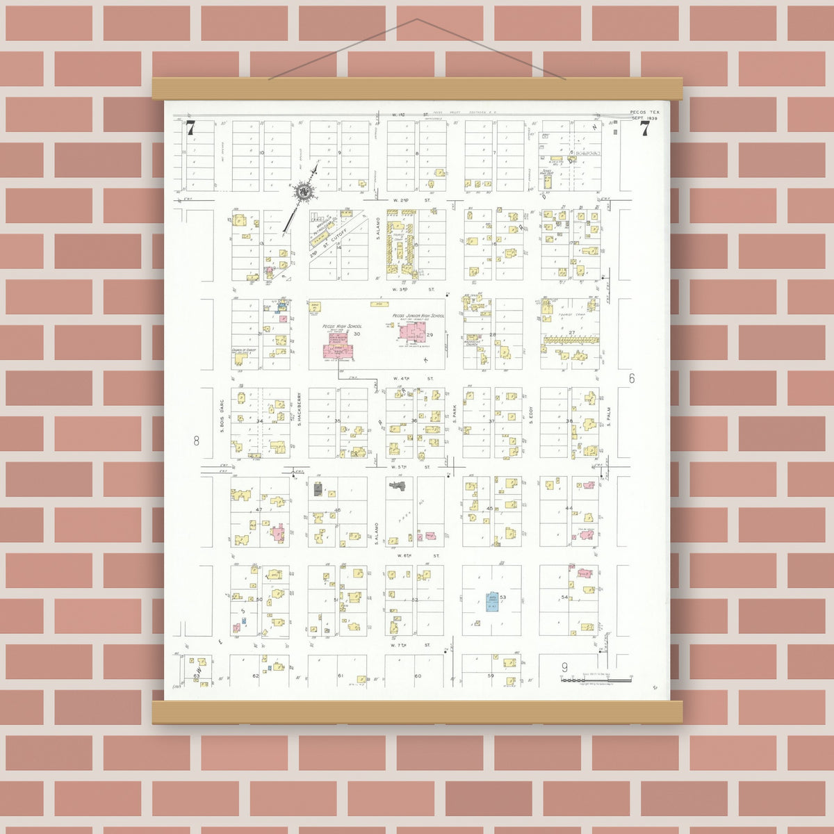 Old map wall art mockup — magnetic wood frame on brick wall — Sanborn Fire Insurance Map from Pecos, Reeves County, Texas (1939), Sheet #0007