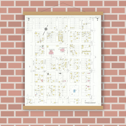 Old map wall art mockup — magnetic wood frame on brick wall — Sanborn Fire Insurance Map from Pecos, Reeves County, Texas (1939), Sheet #0007
