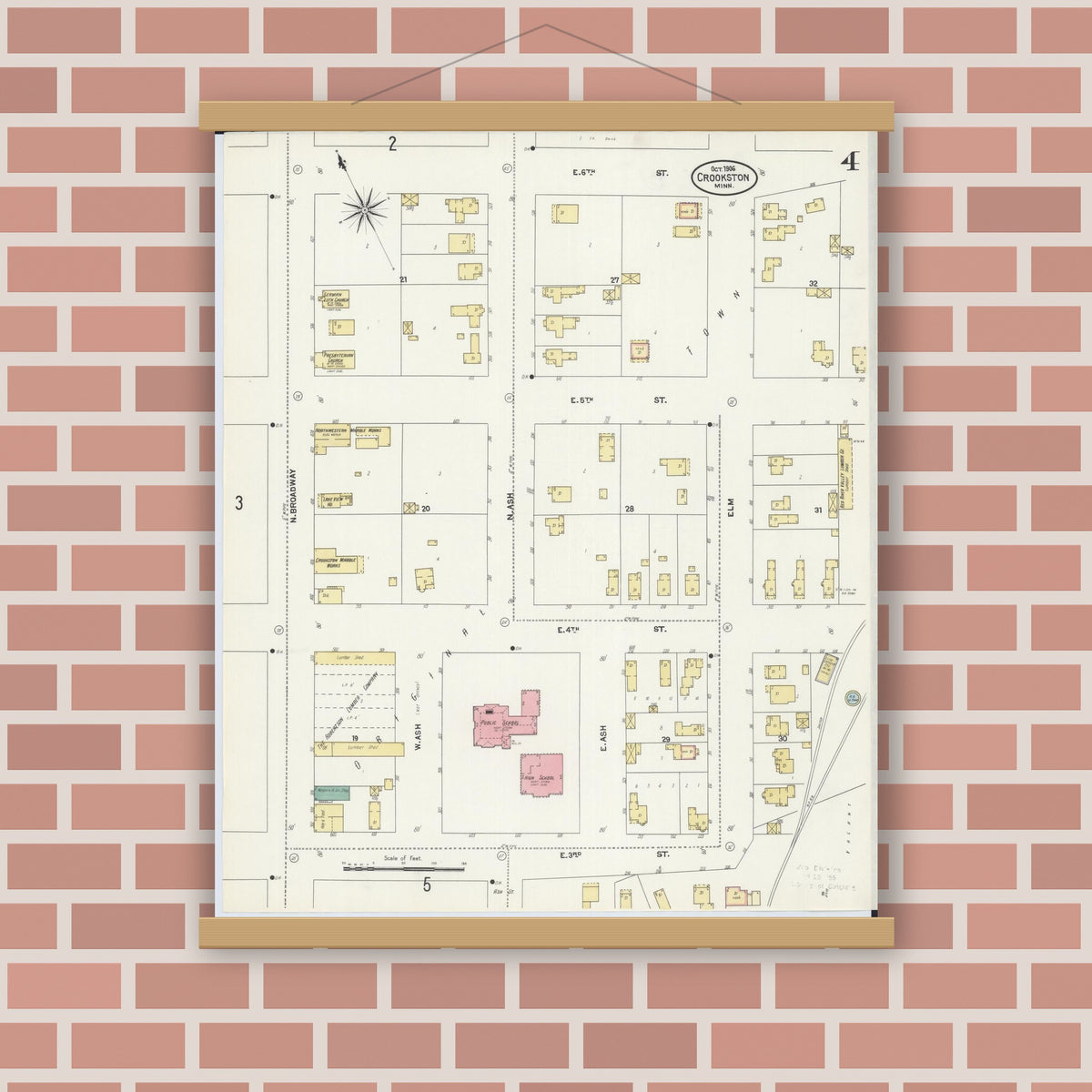 Old map wall art mockup — magnetic wood frame on brick wall — Sanborn Fire Insurance Map from Crookston, Polk County, Minnesota (1906), Sheet #0004