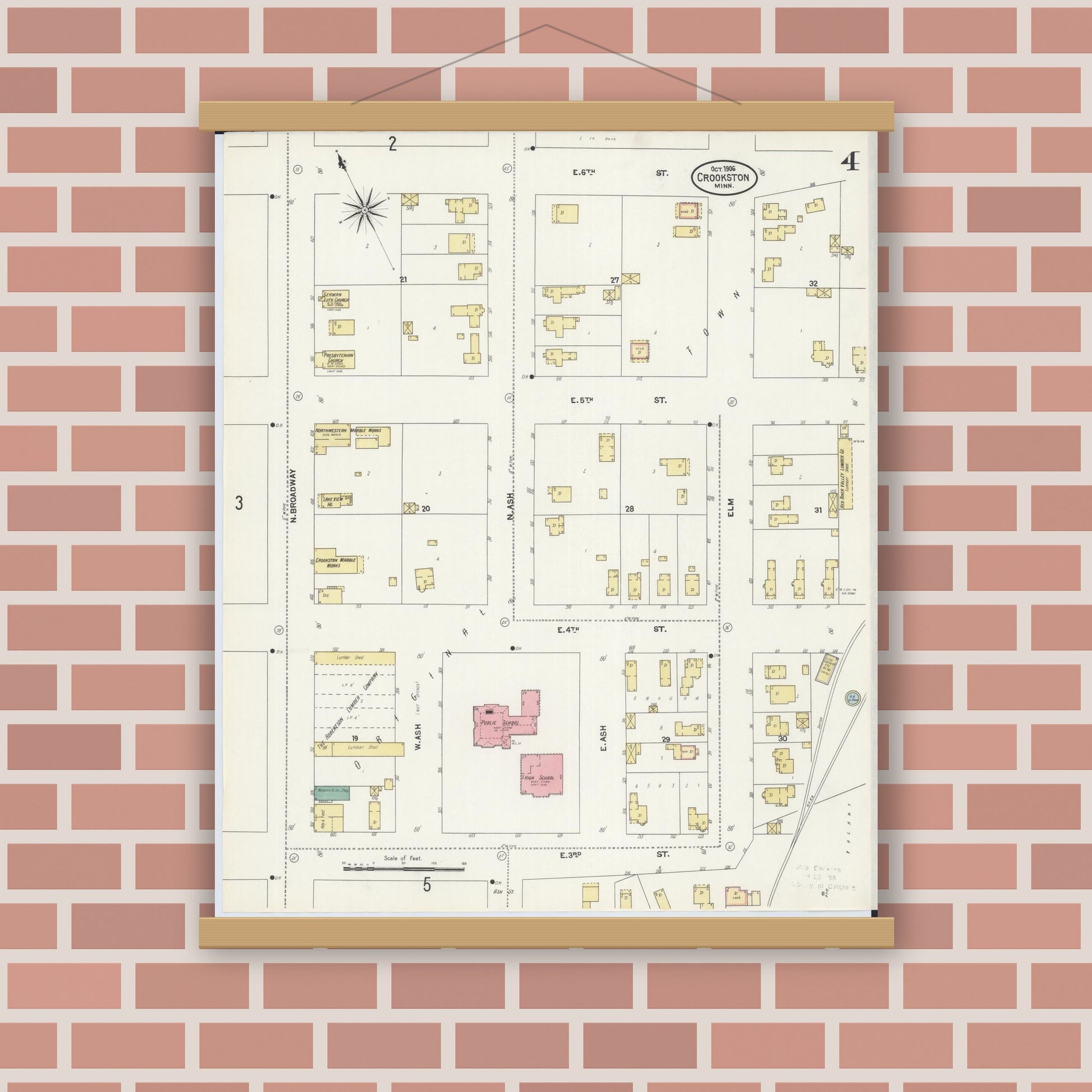 Old map wall art mockup — magnetic wood frame on brick wall — Sanborn Fire Insurance Map from Crookston, Polk County, Minnesota (1906), Sheet #0004