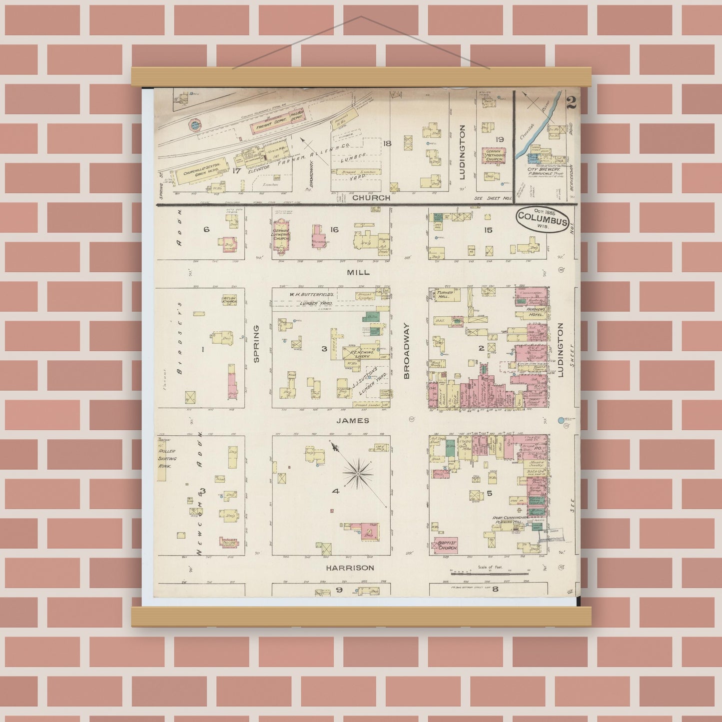 Old map wall art mockup — magnetic wood frame on brick wall — Sanborn Fire Insurance Map from Columbus, Columbia and Dodge County, Wisconsin (1885), Sheet #0002