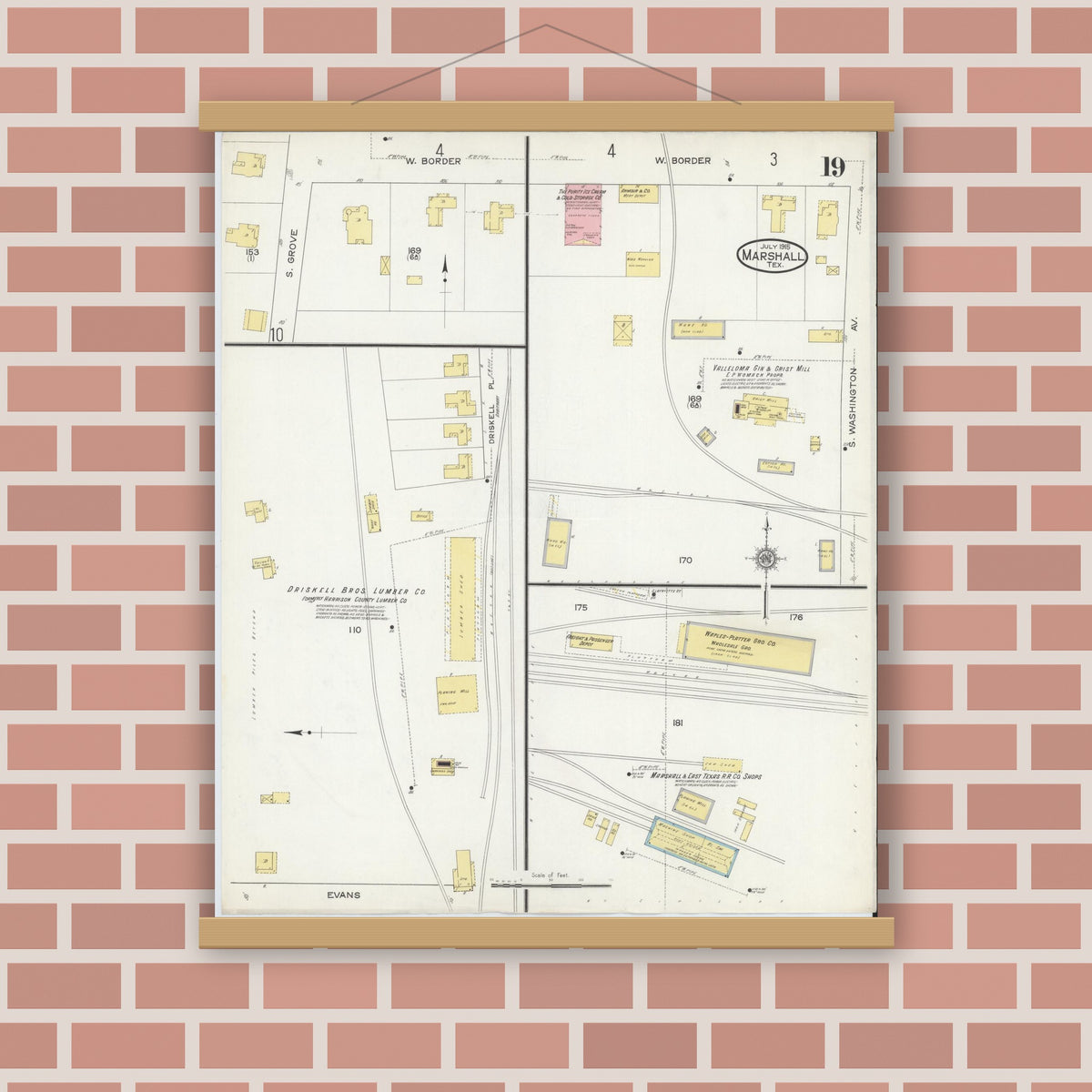 Old map wall art mockup — magnetic wood frame on brick wall — Sanborn Fire Insurance Map from Marshall, Harrison County, Texas (1915), Sheet #0019
