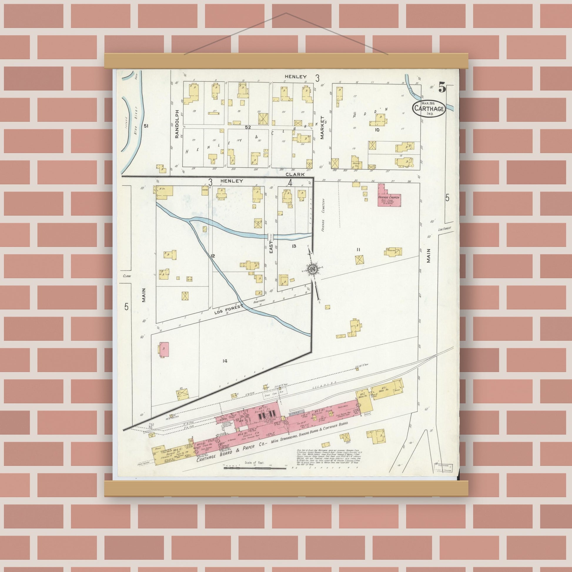 Old map wall art mockup — magnetic wood frame on brick wall — Sanborn Fire Insurance Map from Carthage, Rush County, Indiana (1916), Sheet #0005