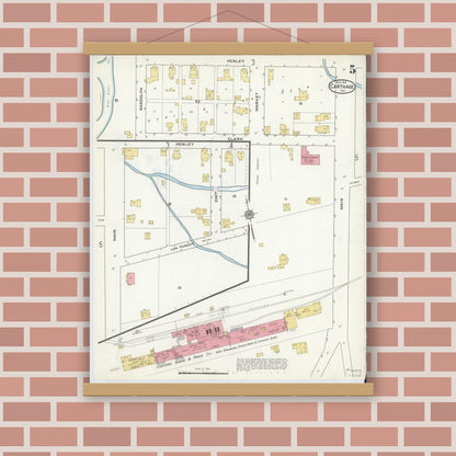 Old map wall art mockup — magnetic wood frame on brick wall — Sanborn Fire Insurance Map from Carthage, Rush County, Indiana (1916), Sheet #0005