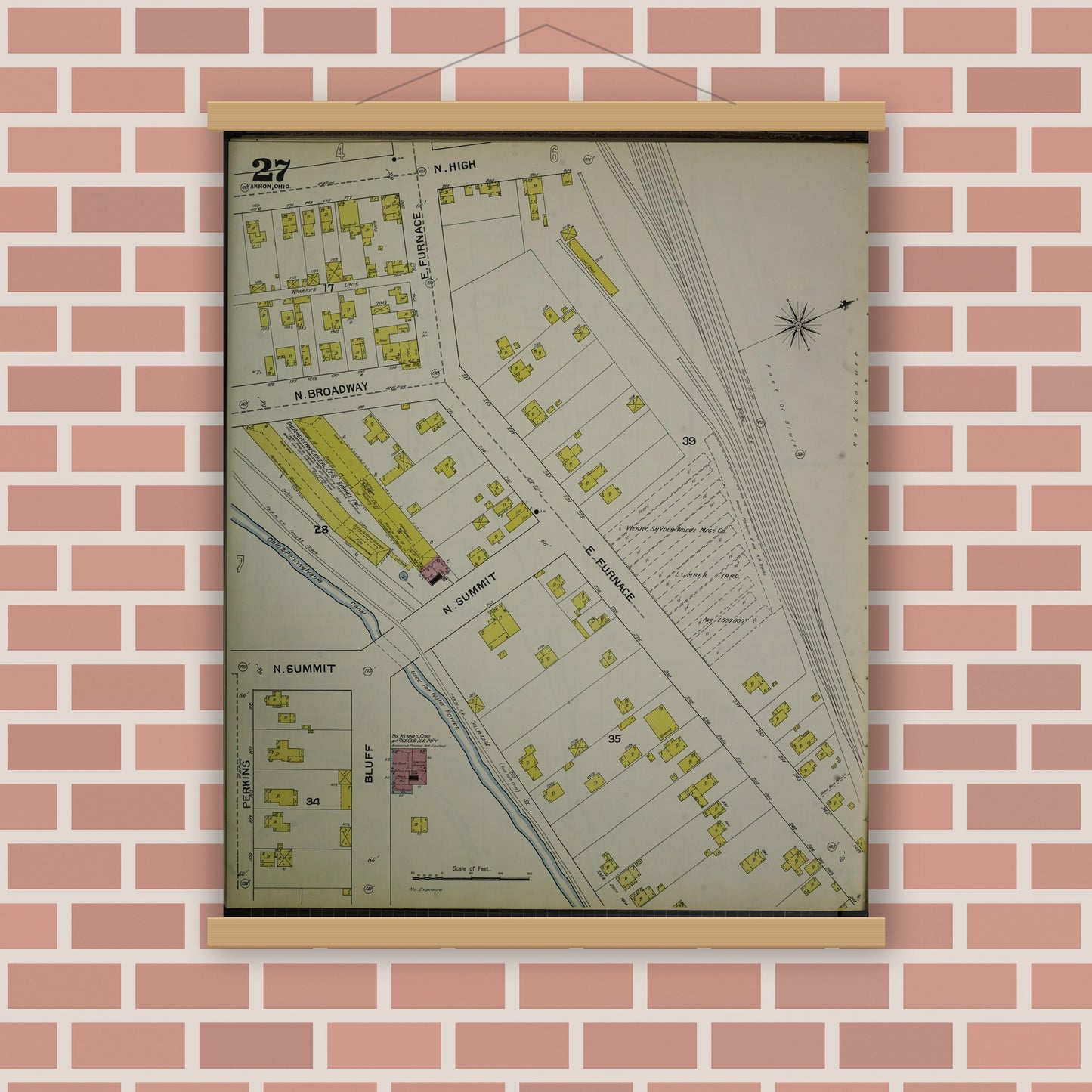 Old map wall art mockup — magnetic wood frame on brick wall — Sanborn Fire Insurance Map from Akron, Summit County, Ohio (1892), Sheet #0027