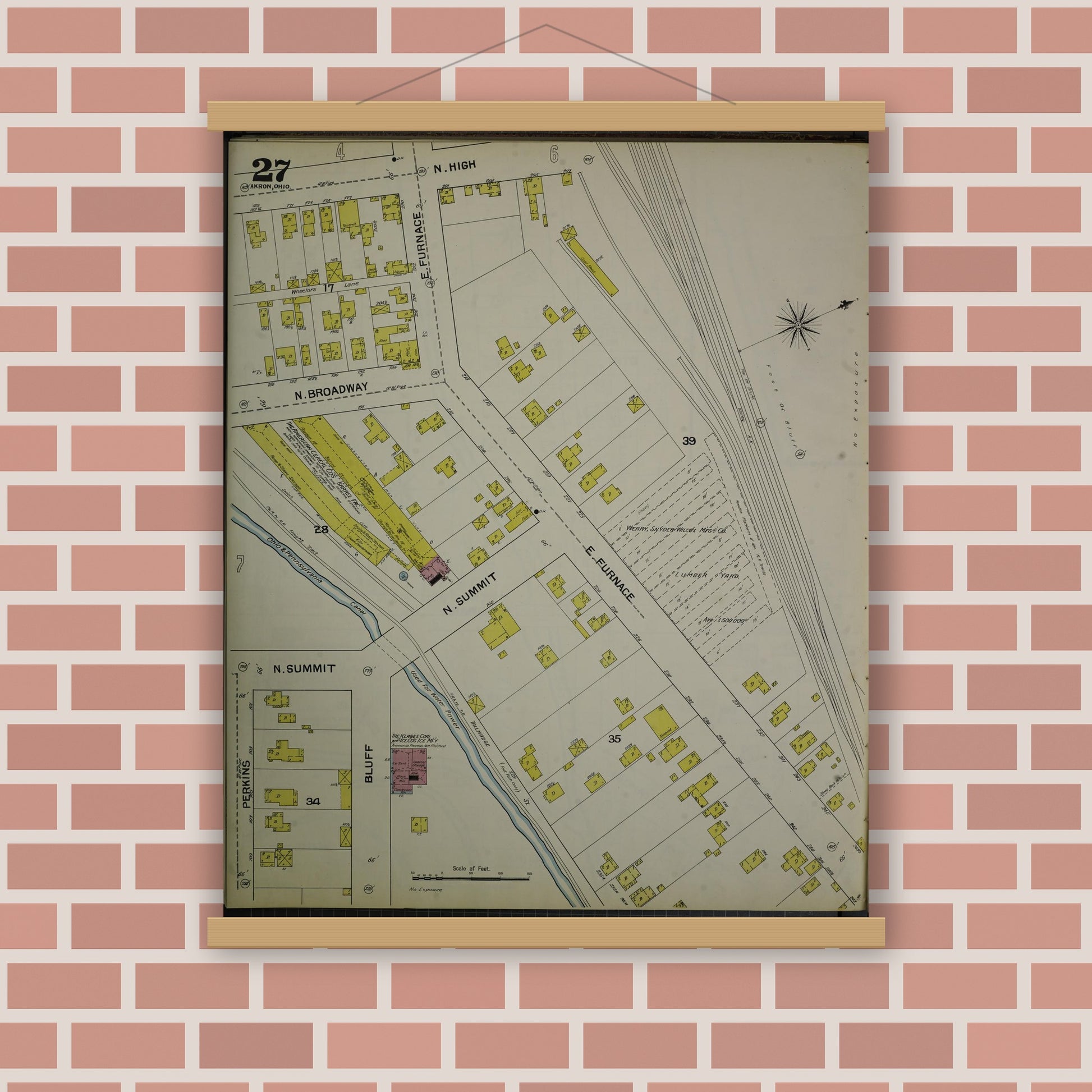 Old map wall art mockup — magnetic wood frame on brick wall — Sanborn Fire Insurance Map from Akron, Summit County, Ohio (1892), Sheet #0027