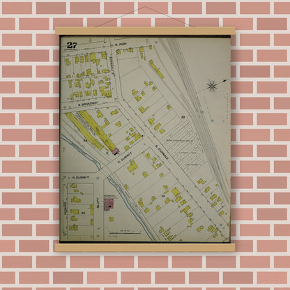 Old map wall art mockup — magnetic wood frame on brick wall — Sanborn Fire Insurance Map from Akron, Summit County, Ohio (1892), Sheet #0027