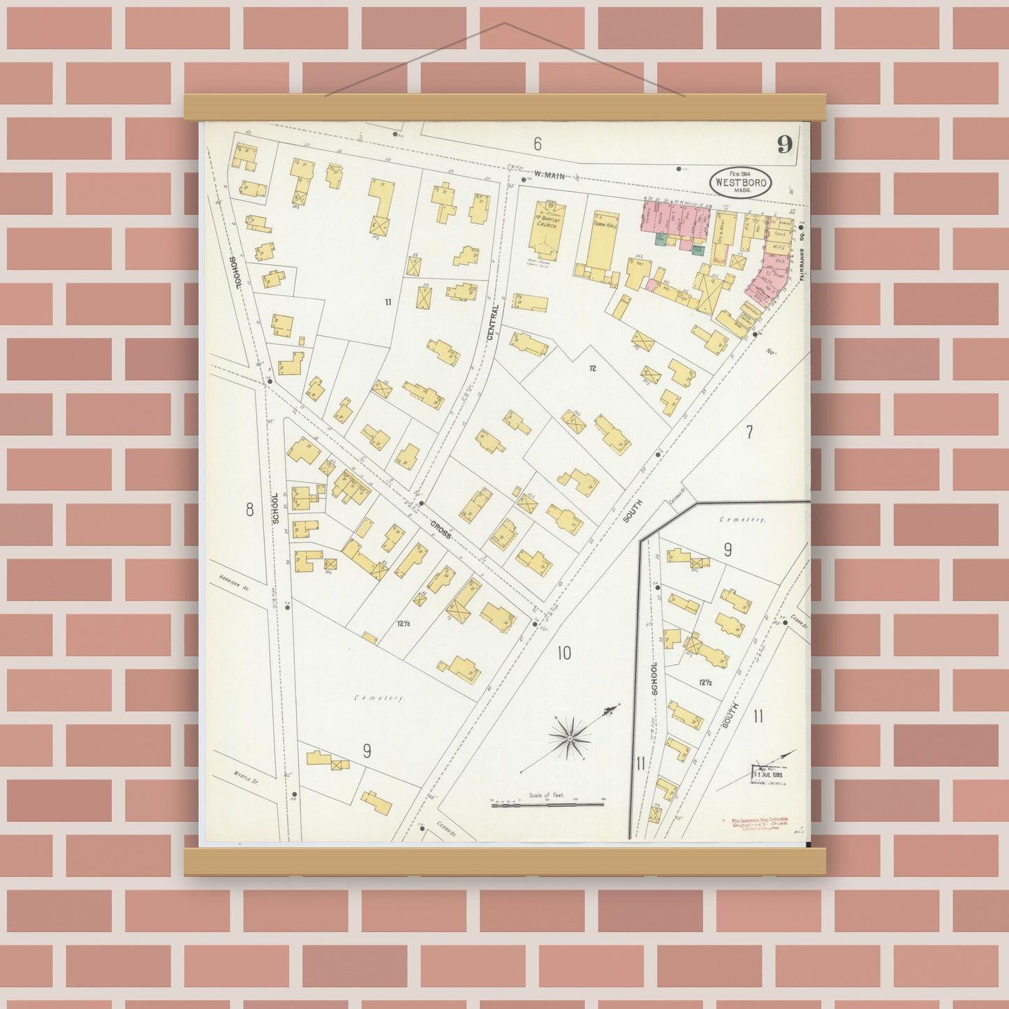 Old map wall art mockup — magnetic wood frame on brick wall — Sanborn Fire Insurance Map from Westboro, Worcester County, Massachusetts (1904), Sheet #0009
