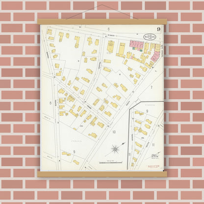 Old map wall art mockup — magnetic wood frame on brick wall — Sanborn Fire Insurance Map from Westboro, Worcester County, Massachusetts (1904), Sheet #0009