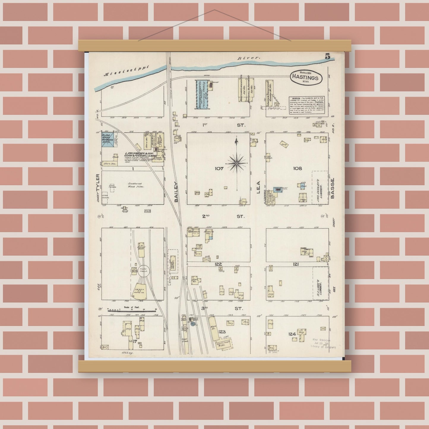 Old map wall art mockup — magnetic wood frame on brick wall — Sanborn Fire Insurance Map from Hastings, Dakota County, Minnesota (1884), Sheet #0005