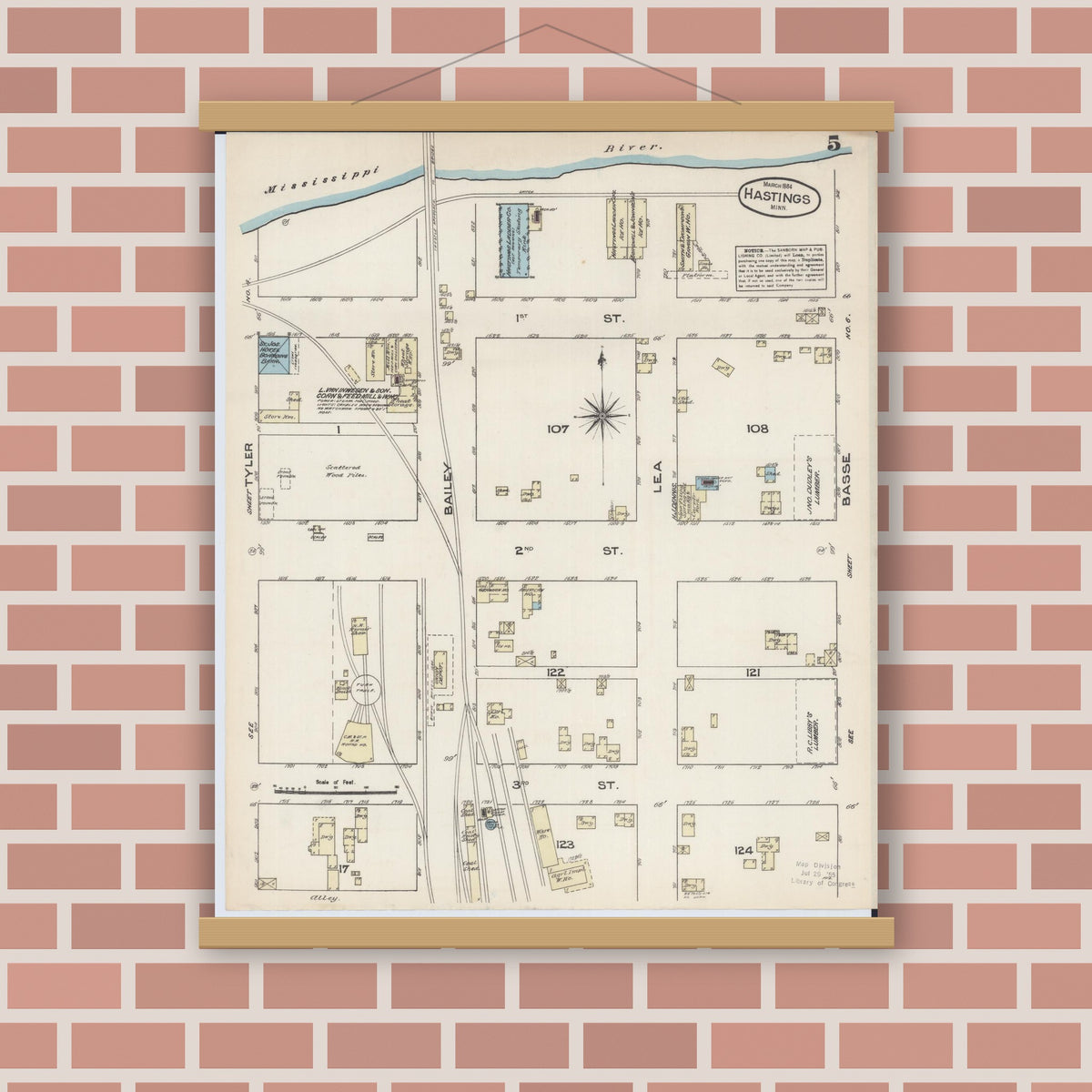 Old map wall art mockup — magnetic wood frame on brick wall — Sanborn Fire Insurance Map from Hastings, Dakota County, Minnesota (1884), Sheet #0005