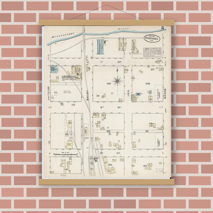 Old map wall art mockup — magnetic wood frame on brick wall — Sanborn Fire Insurance Map from Hastings, Dakota County, Minnesota (1884), Sheet #0005