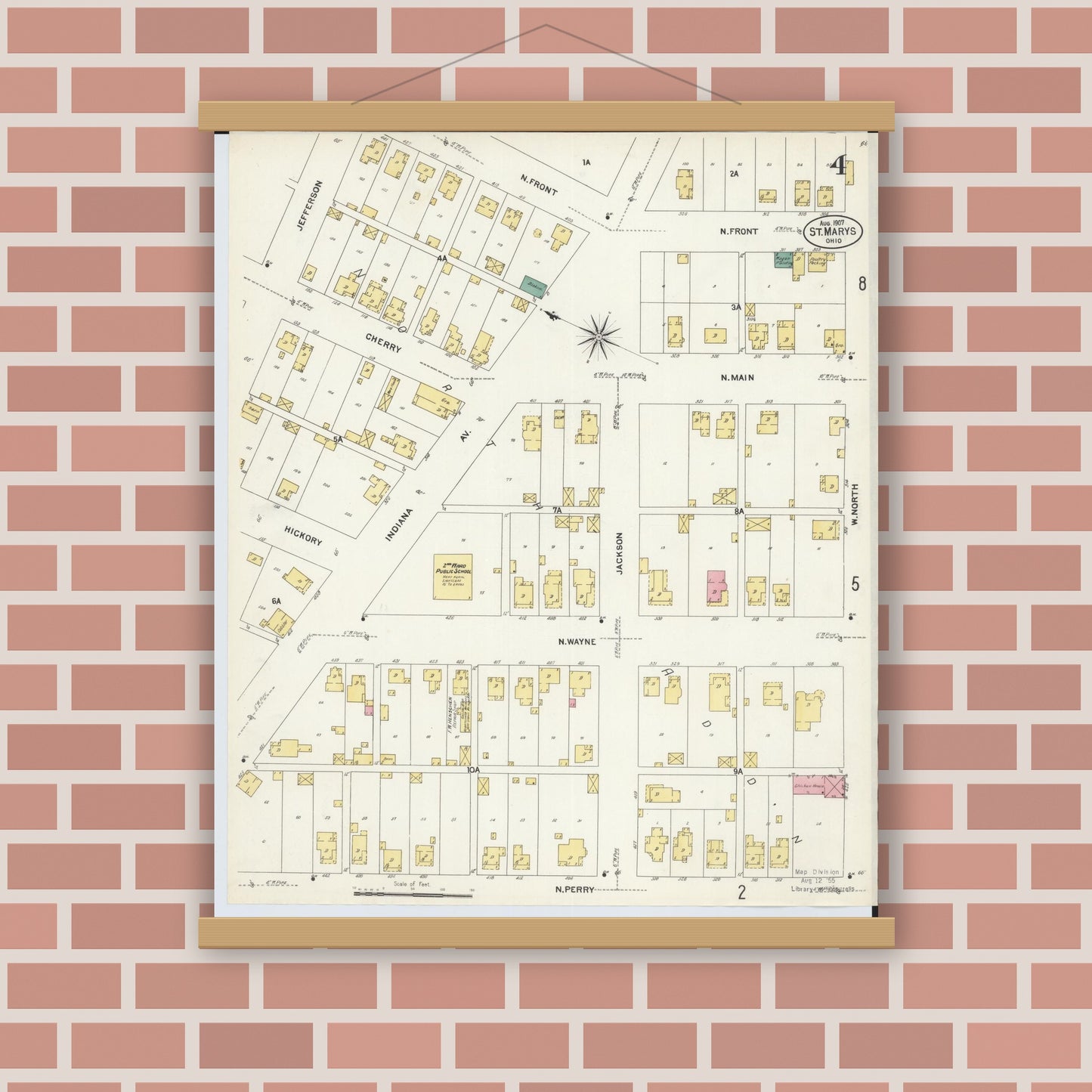 Old map wall art mockup — magnetic wood frame on brick wall — Sanborn Fire Insurance Map from Saint Marys, Auglaize County, Ohio (1907), Sheet #0004