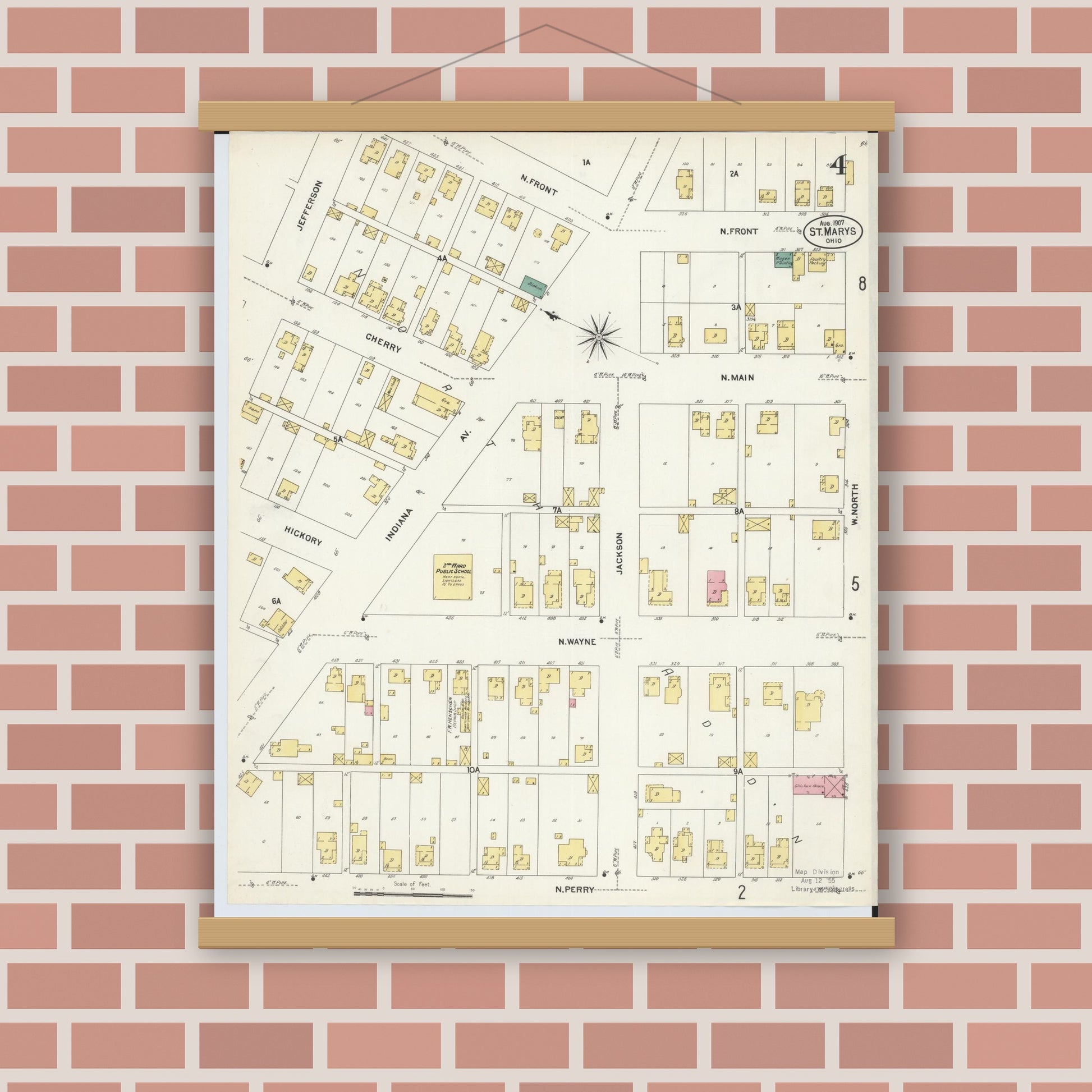 Old map wall art mockup — magnetic wood frame on brick wall — Sanborn Fire Insurance Map from Saint Marys, Auglaize County, Ohio (1907), Sheet #0004