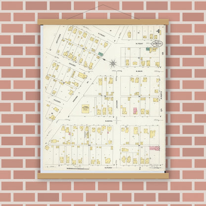 Old map wall art mockup — magnetic wood frame on brick wall — Sanborn Fire Insurance Map from Saint Marys, Auglaize County, Ohio (1907), Sheet #0004