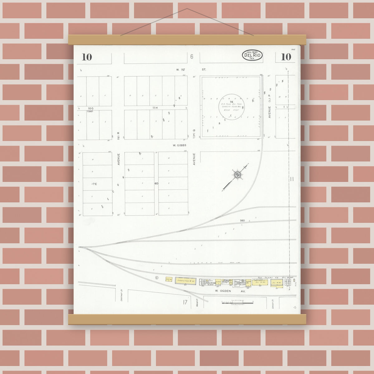 Old map wall art mockup — magnetic wood frame on brick wall — Sanborn Fire Insurance Map from Del Rio, Val Verde County, Texas (1930), Sheet #0010
