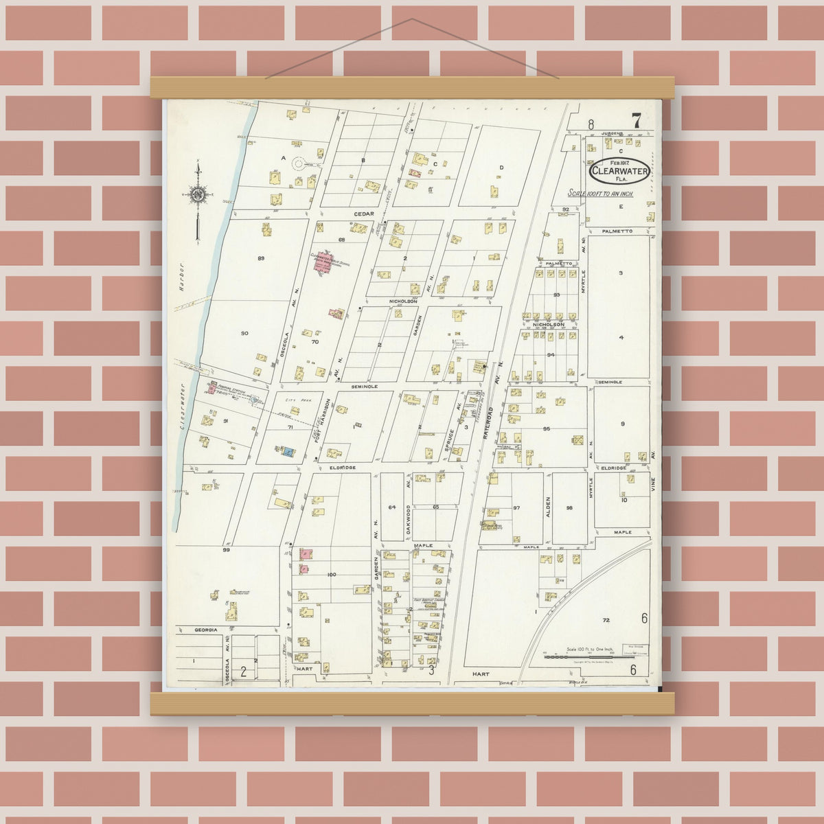 Old map wall art mockup — magnetic wood frame on brick wall — Sanborn Fire Insurance Map from Clearwater, Pinellas County, Florida (1917), Sheet #0007