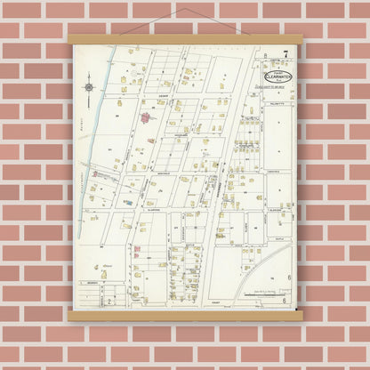 Old map wall art mockup — magnetic wood frame on brick wall — Sanborn Fire Insurance Map from Clearwater, Pinellas County, Florida (1917), Sheet #0007