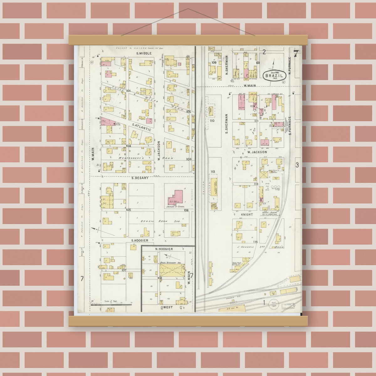 Old map wall art mockup — magnetic wood frame on brick wall — Sanborn Fire Insurance Map from Brazil, Clay County, Indiana (1896), Sheet #0007