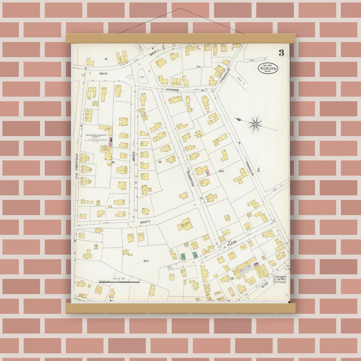 Old map wall art mockup — magnetic wood frame on brick wall — Sanborn Fire Insurance Map from Woburn, Middlesex County, Massachusetts (1904), Sheet #0003