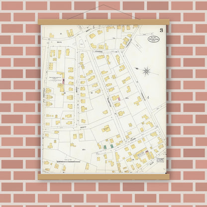 Old map wall art mockup — magnetic wood frame on brick wall — Sanborn Fire Insurance Map from Woburn, Middlesex County, Massachusetts (1904), Sheet #0003