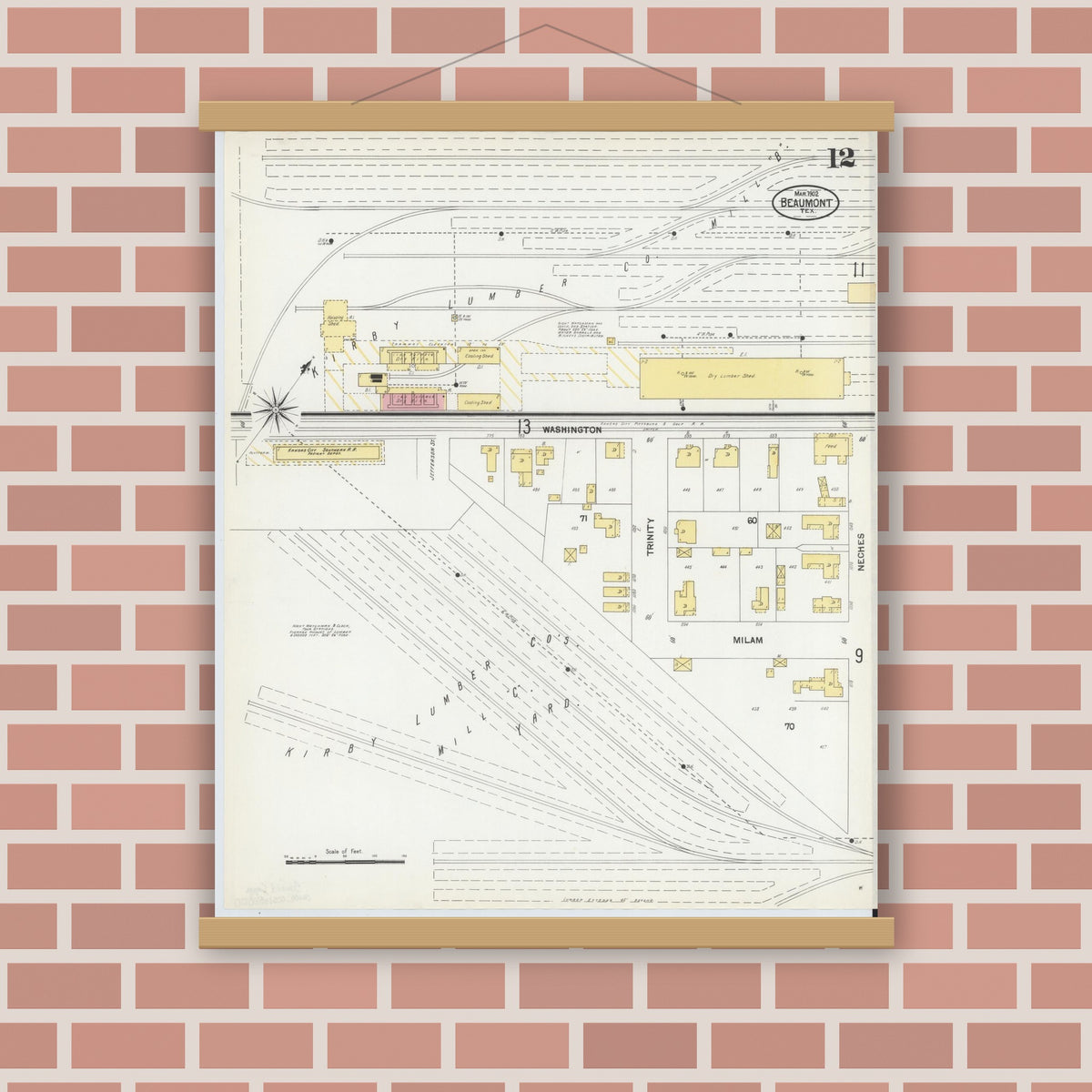 Old map wall art mockup — magnetic wood frame on brick wall — Sanborn Fire Insurance Map from Beaumont, Jefferson County, Texas (1902), Sheet #0012