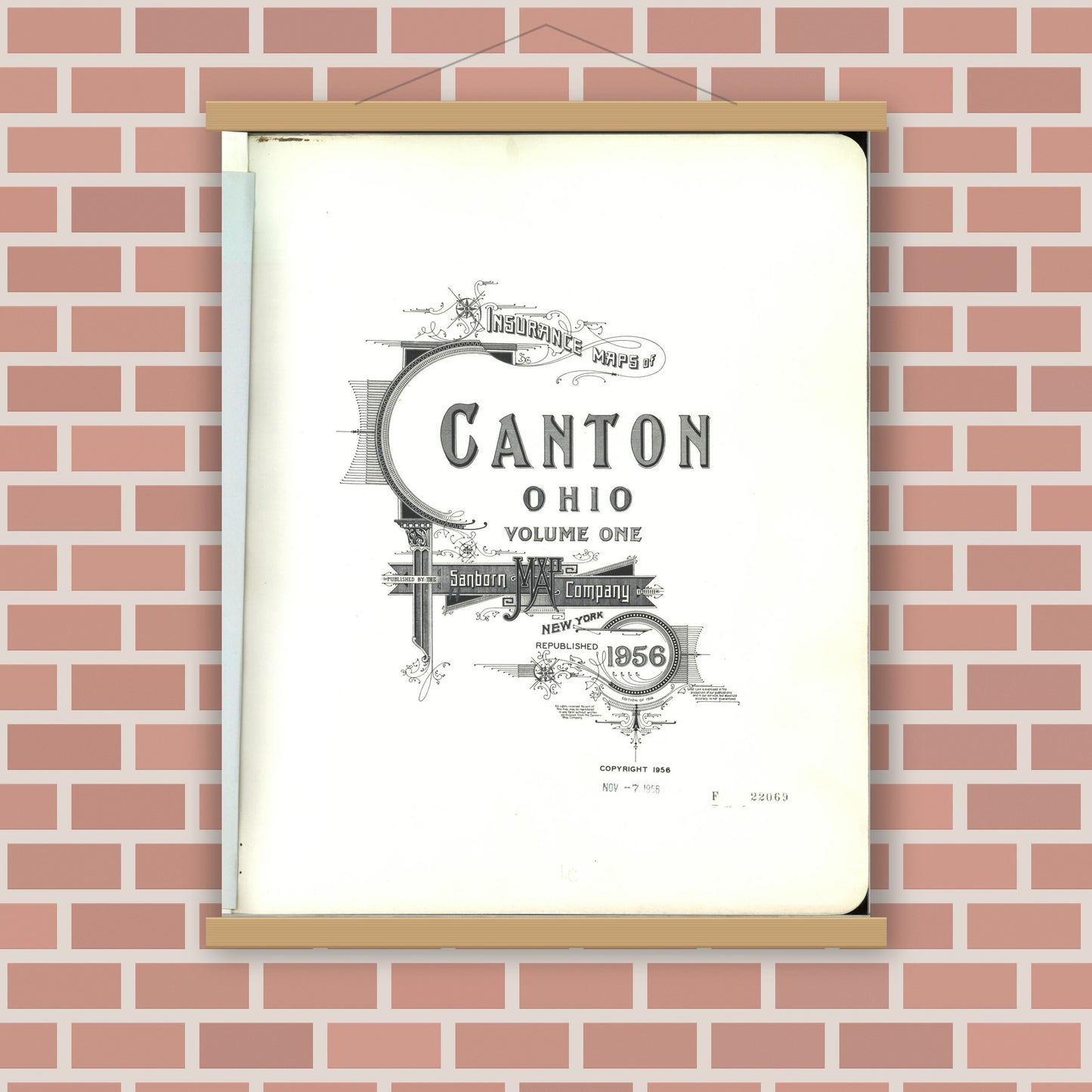 Old map wall art mockup — magnetic wood frame on brick wall — Sanborn Fire Insurance Map from Canton, Stark County, Ohio (1956), Sheet #0001