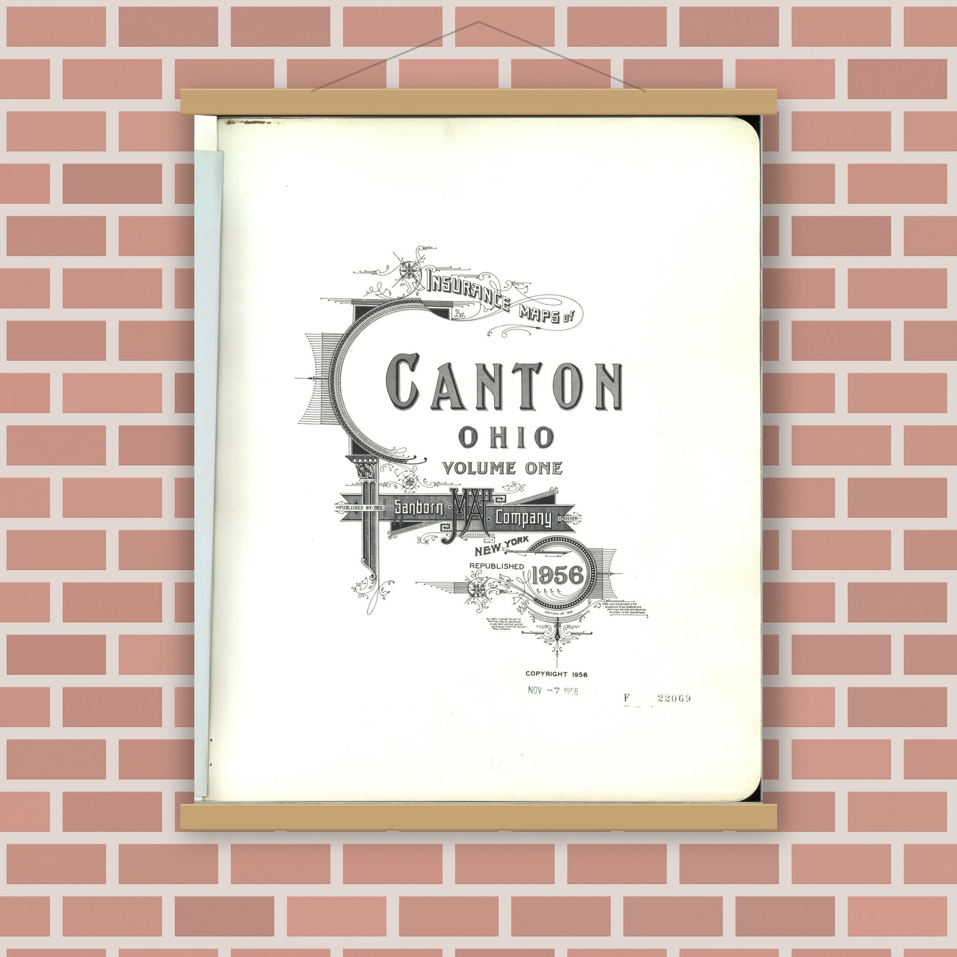 Old map wall art mockup — magnetic wood frame on brick wall — Sanborn Fire Insurance Map from Canton, Stark County, Ohio (1956), Sheet #0001