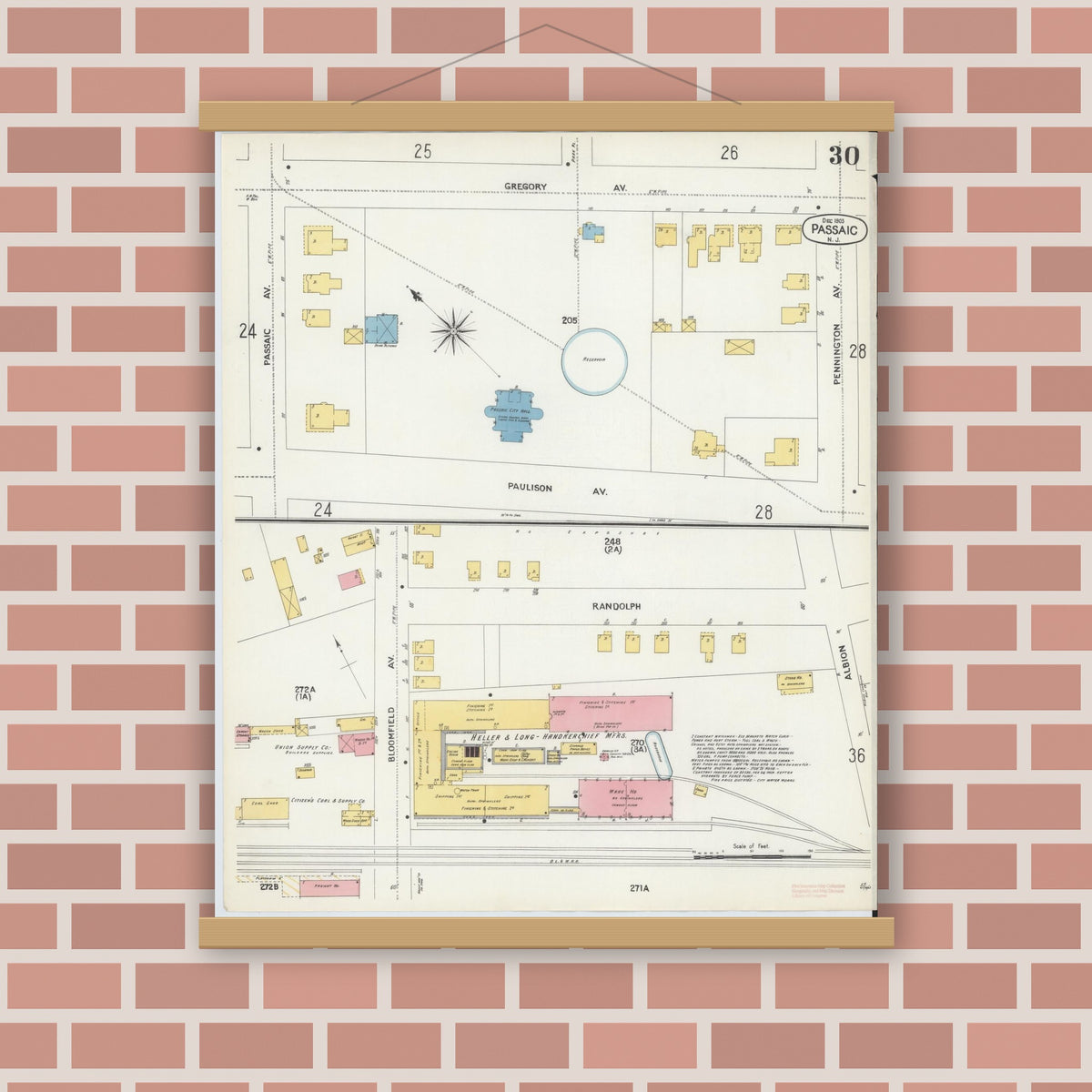 Old map wall art mockup — magnetic wood frame on brick wall — Sanborn Fire Insurance Map from Passaic, Passaic County, New Jersey (1903), Sheet #0030