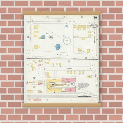 Old map wall art mockup — magnetic wood frame on brick wall — Sanborn Fire Insurance Map from Passaic, Passaic County, New Jersey (1903), Sheet #0030