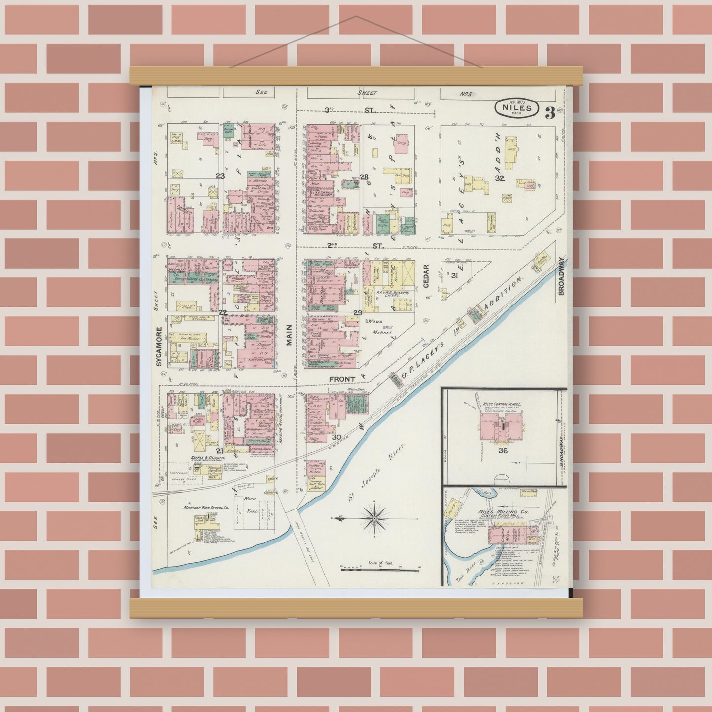 Old map wall art mockup — magnetic wood frame on brick wall — Sanborn Fire Insurance Map from Niles, Berrien County, Michigan (1889), Sheet #0003