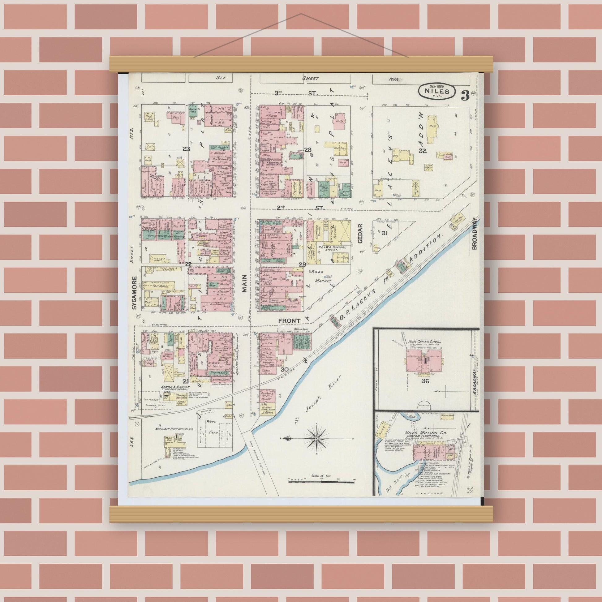 Old map wall art mockup — magnetic wood frame on brick wall — Sanborn Fire Insurance Map from Niles, Berrien County, Michigan (1889), Sheet #0003