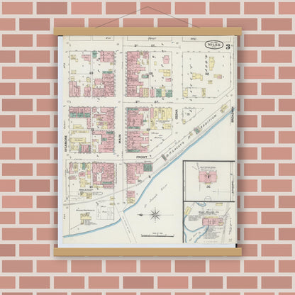 Old map wall art mockup — magnetic wood frame on brick wall — Sanborn Fire Insurance Map from Niles, Berrien County, Michigan (1889), Sheet #0003