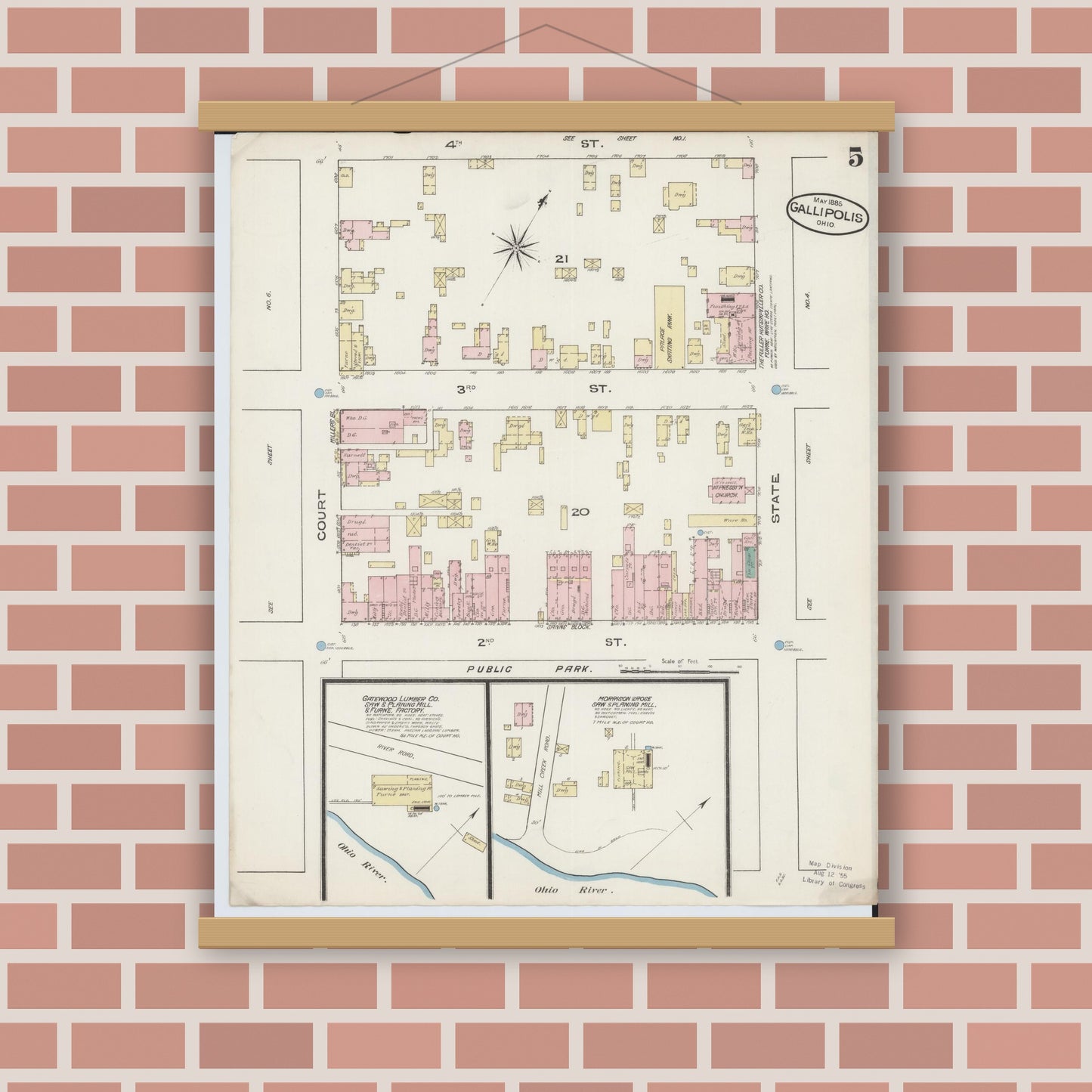 Old map wall art mockup — magnetic wood frame on brick wall — Sanborn Fire Insurance Map from Gallipolis, Gallia County, Ohio (1885), Sheet #0005