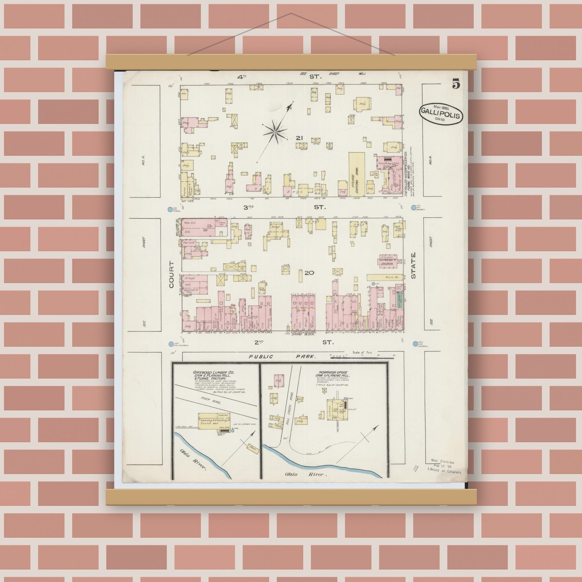 Old map wall art mockup — magnetic wood frame on brick wall — Sanborn Fire Insurance Map from Gallipolis, Gallia County, Ohio (1885), Sheet #0005