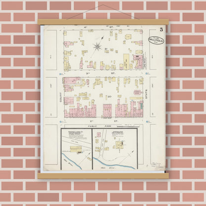 Old map wall art mockup — magnetic wood frame on brick wall — Sanborn Fire Insurance Map from Gallipolis, Gallia County, Ohio (1885), Sheet #0005