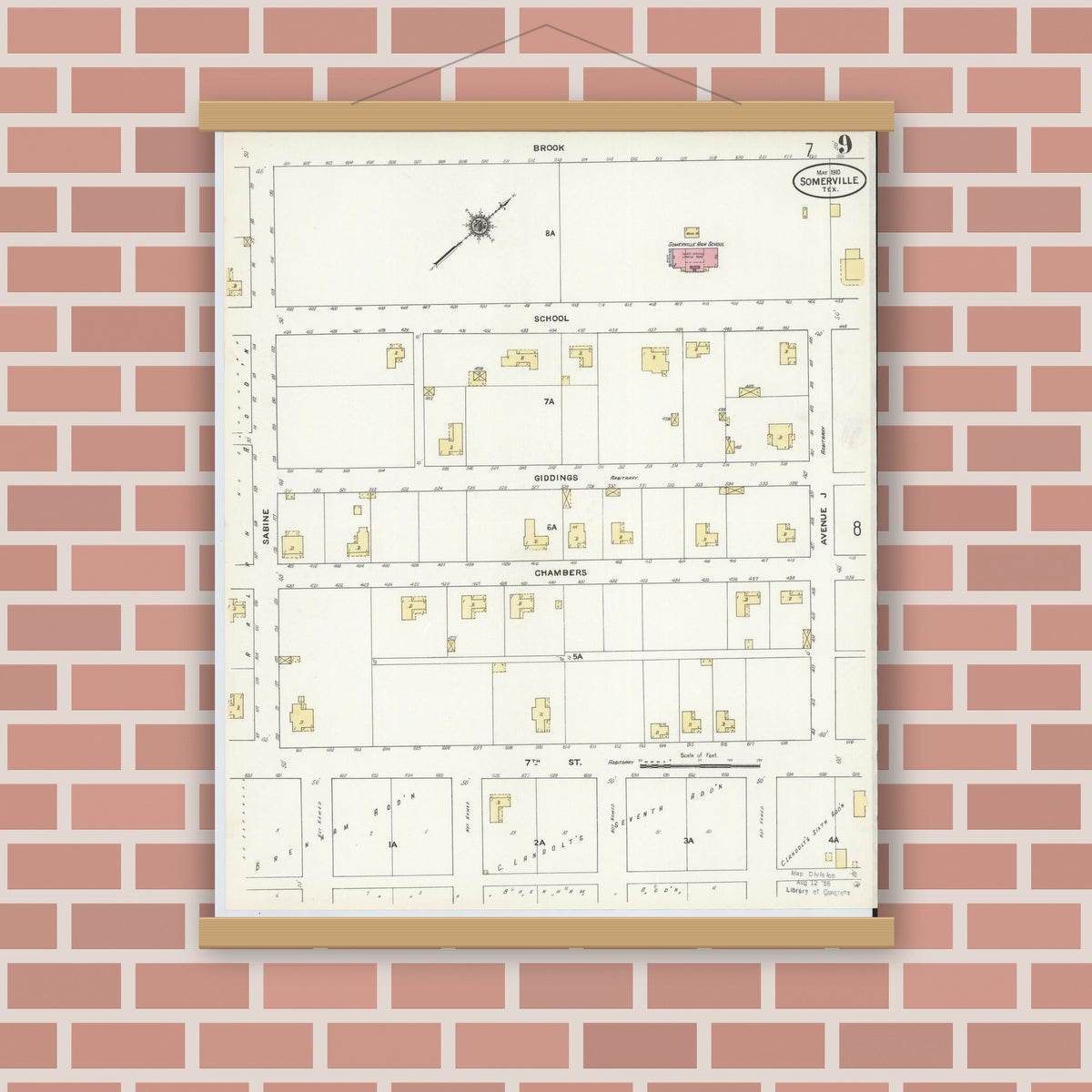 Old map wall art mockup — magnetic wood frame on brick wall — Sanborn Fire Insurance Map from Somerville, Burleson County, Texas (1910), Sheet #0009