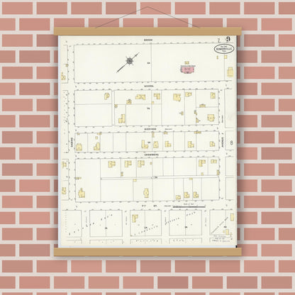Old map wall art mockup — magnetic wood frame on brick wall — Sanborn Fire Insurance Map from Somerville, Burleson County, Texas (1910), Sheet #0009
