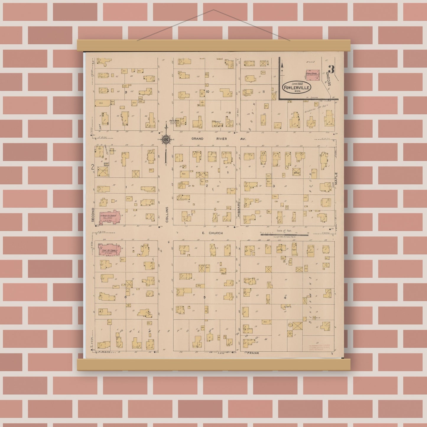 Old map wall art mockup — magnetic wood frame on brick wall — Sanborn Fire Insurance Map from Fowlerville, Livingston County, Michigan (1922), Sheet #0003