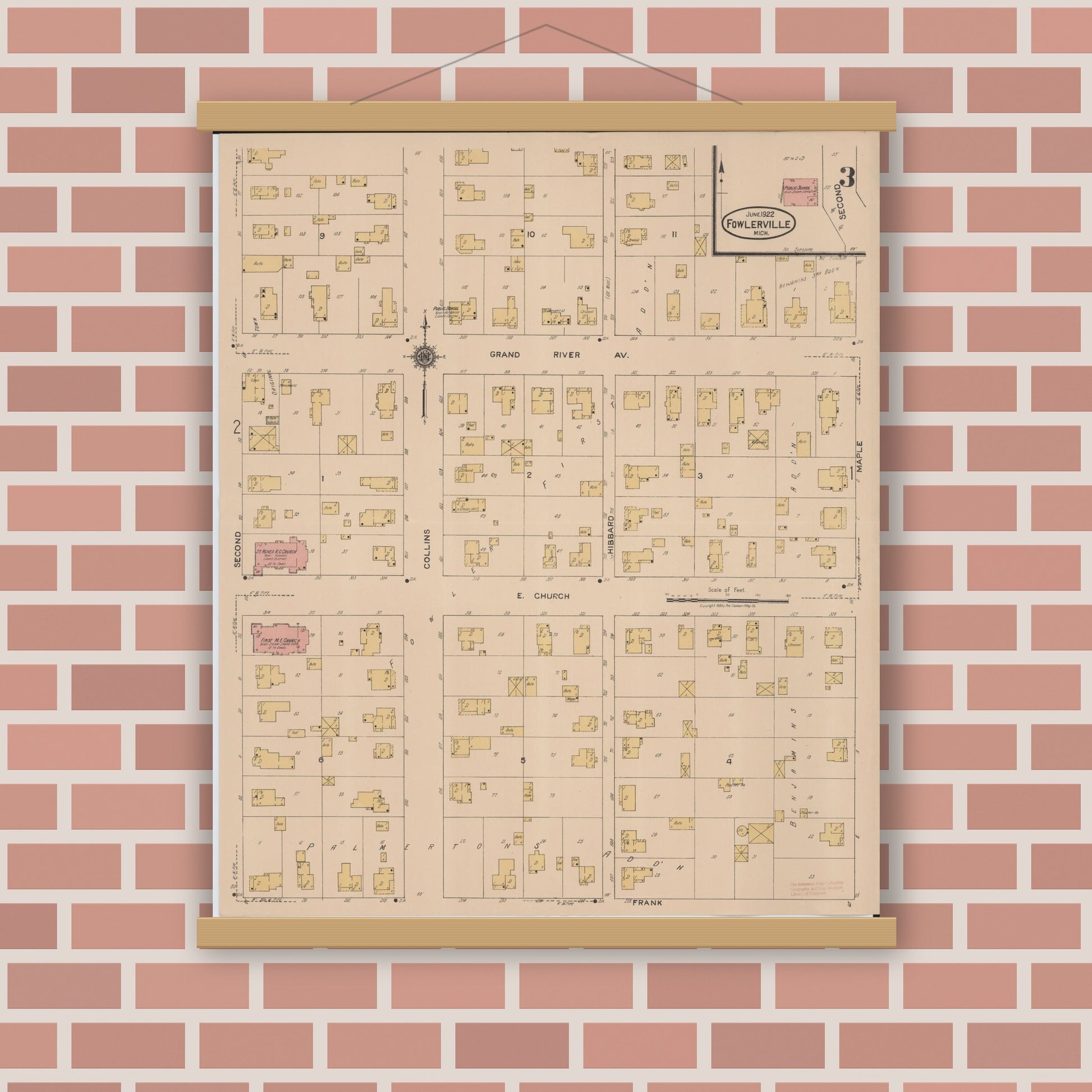 Old map wall art mockup — magnetic wood frame on brick wall — Sanborn Fire Insurance Map from Fowlerville, Livingston County, Michigan (1922), Sheet #0003